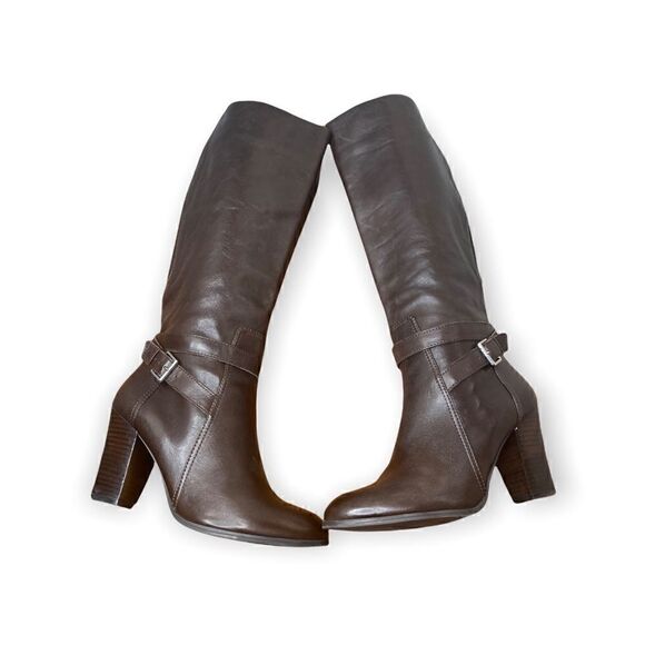 Marc Fisher's Kessler tall dress boots ankle strap buckle elastic back brown - Picture 8 of 9